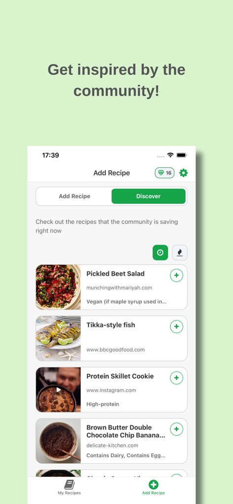 Save-Recipe: Online Cookbook - Entdeckungsbildschirm der Save-Recipe-App, der einen Feed mit von der Community gespeicherten Rezepten von verschiedenen Websites und sozialen Medien zeigt