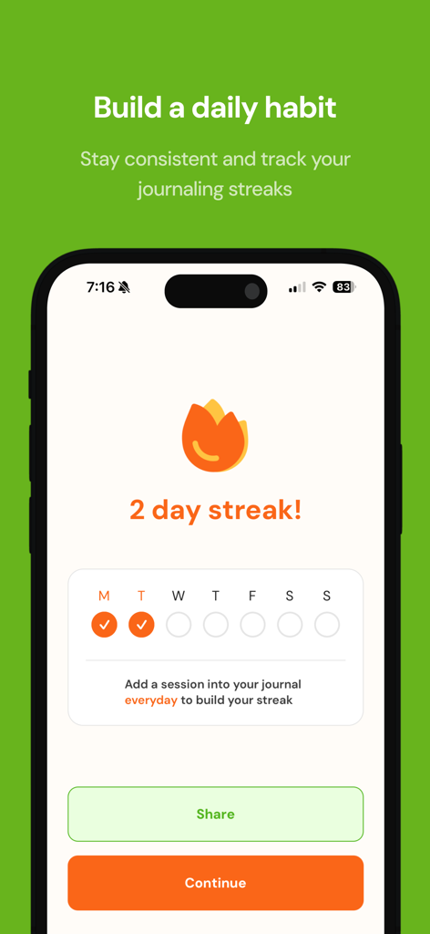 Rocket Journal app screen showing a two day streak and weekly habit tracker for daily journaling