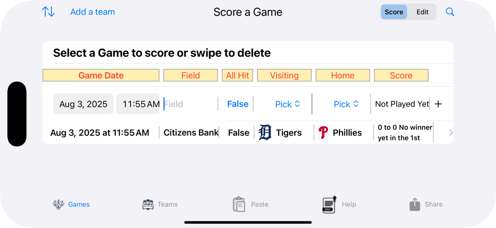 ScoreKeep - Baseball Scoring - A screen in the ScoreKeep app showing a list of baseball games to score including a game between the Tigers and Phillies