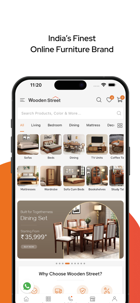 Wooden Street mobile app home screen showing furniture categories like sofas beds and dining sets