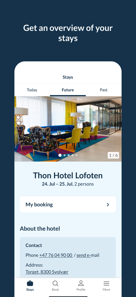 Interface of the Thon Hotels app showing an overview of a future hotel booking at Thon Hotel Lofoten
