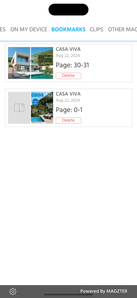 CASA VIVA (Magazine) - A screenshot of the bookmarks page in the CASA VIVA magazine app showing saved pages of contemporary home design and architectural inspiration.