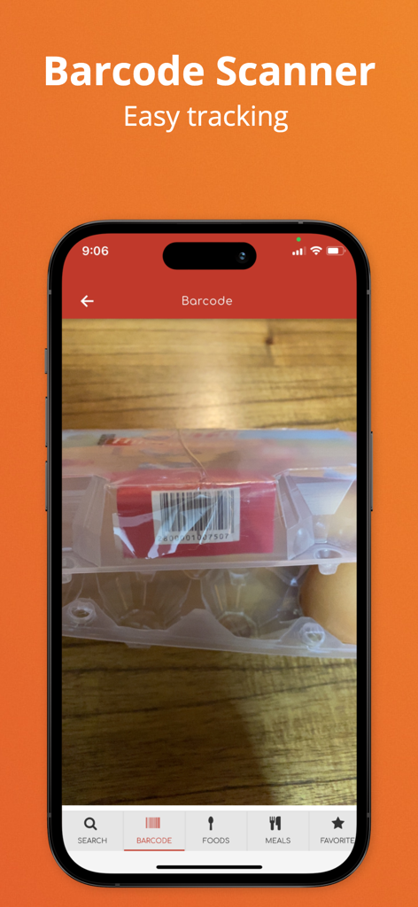 My Dash Diet: Sodium Tracker - Uno schermo di smartphone che mostra la funzione scanner di codici a barre dell'app My Dash Diet mentre scansiona una confezione di cibo per un facile monitoraggio del sodio.