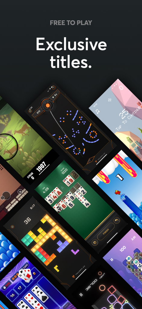Un collage de juegos móviles exclusivos disponibles en la aplicación Triumph que incluye Solitario, puzzles de bloques y títulos de arcade.