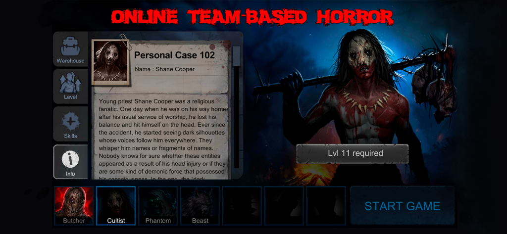 Horrorfield Multiplayer Horror - HorrorfieldのCultistのキャラクター情報画面。キャラクターのバックストーリーとアートワークが表示される。