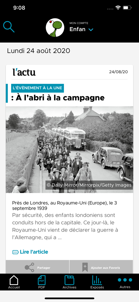 Screenshot of LACTU app showing a daily news article about the 1939 evacuation of children from London.