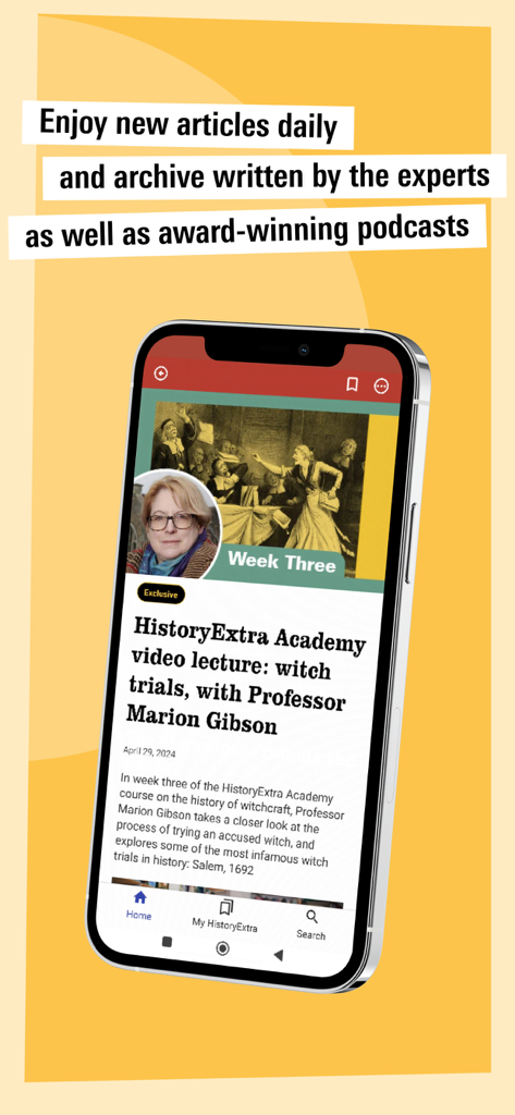 Uma tela de smartphone mostrando uma palestra em vídeo da HistoryExtra Academy sobre julgamentos de bruxas com a Professora Marion Gibson
