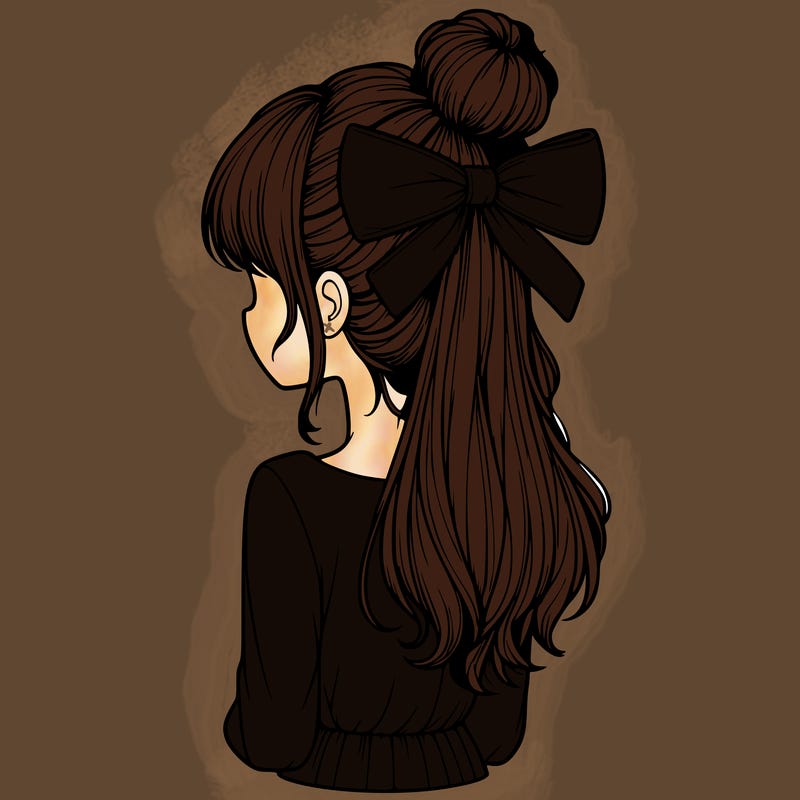 realistic girl  with hip length hair a bun and a big bow on the back of head