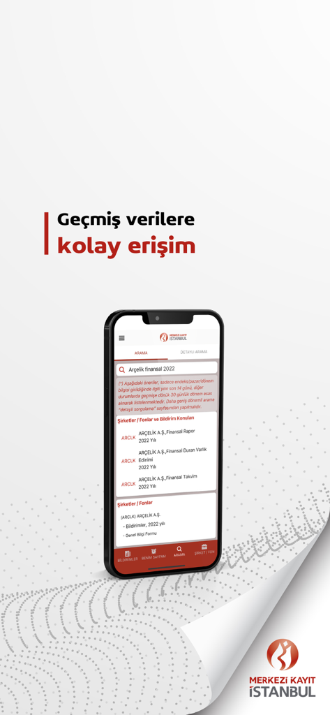 KAP Mobil - A smartphone displaying the KAP Mobil app search results for historical financial reports.