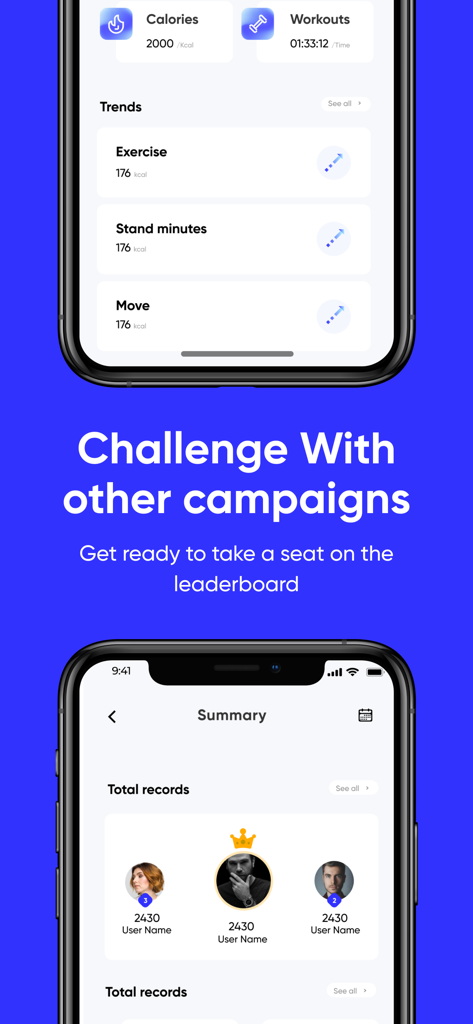 Mobile screens showing iTrainer app fitness trends and community leaderboard