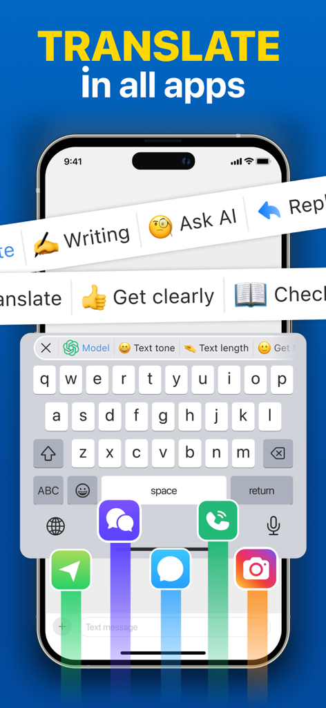 AI Translator Keyboard Instant - A smartphone showing the AI Translator Keyboard with a toolbar for tone, length, and grammar, positioned above popular messaging app icons.
