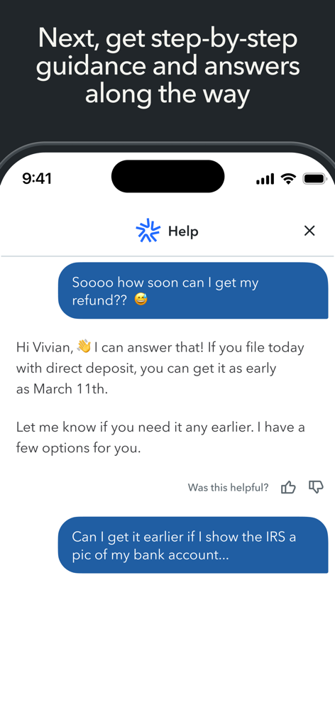 TurboTax: File Your Tax Return - Uma captura de ecrã da aplicação móvel TurboTax mostrando uma interface de chat onde um utilizador recebe orientação passo a passo e respostas sobre o seu reembolso fiscal.