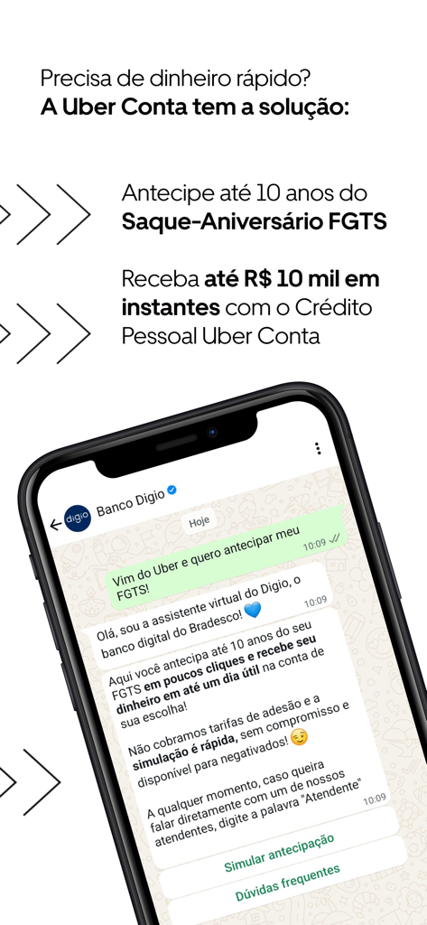 Screenshot dell'app Uber Conta che mostra le funzionalità di prestito personale e anticipo prelievo FGTS