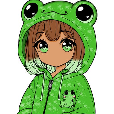 cute realistic girl in a froggy hoodie