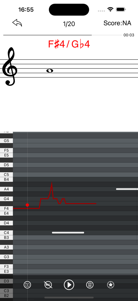Vocal coach - Perfect Ear App - Interfaz de una aplicación de entrenamiento vocal mostrando detección de tono en tiempo real en un pentagrama musical