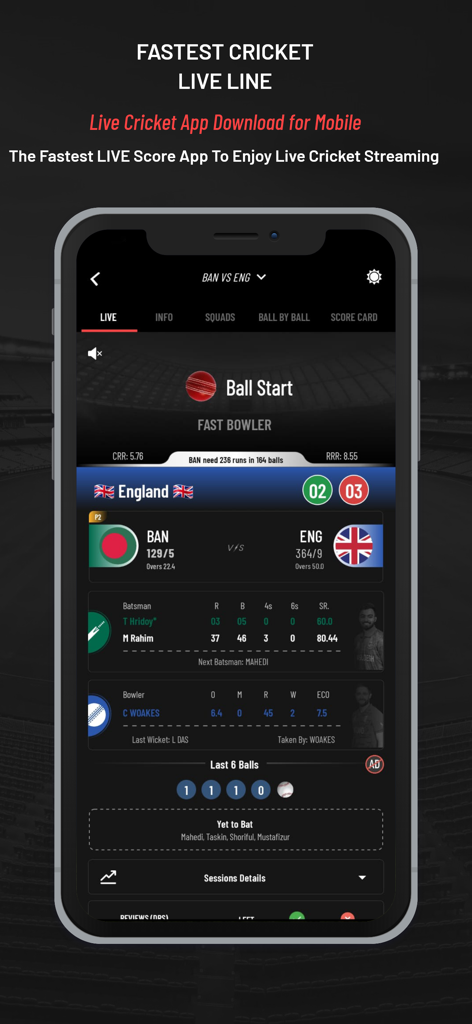Live cricket scorecard on the Cricket Mazza 11 mobile app showing match stats and player performance for Bangladesh versus England.