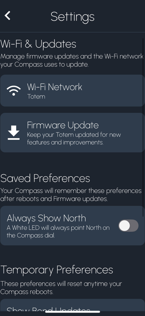 Settings screen of the Totem Compass app showing Wi-Fi configuration firmware update options and device preferences
