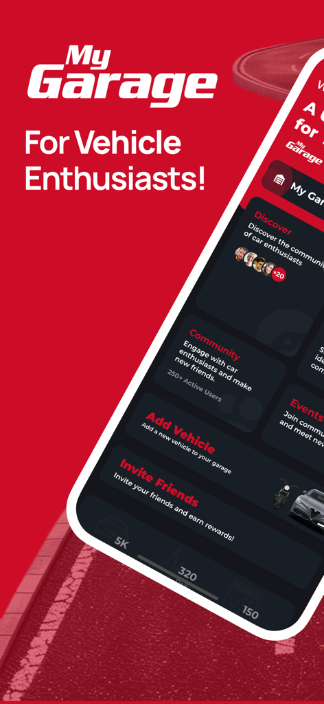 MyGarage Global : Cars & Bikes - MyGarageアプリのスプラッシュスクリーン。車愛好家向けに、ディスカバー、コミュニティ、車両追加などの機能が表示されています。