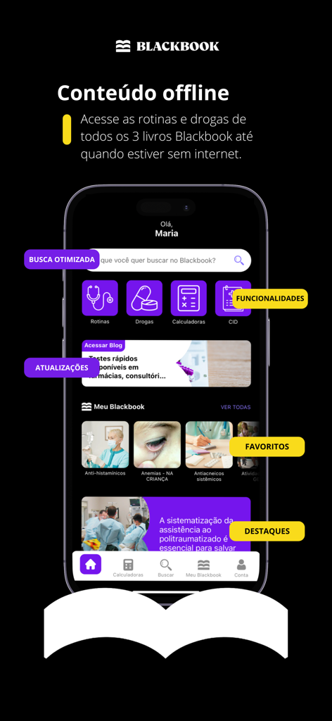 Blackbook: Decisões Clínicas - Blackbook app home screen showing offline access to medical routines, drugs, and clinical calculators