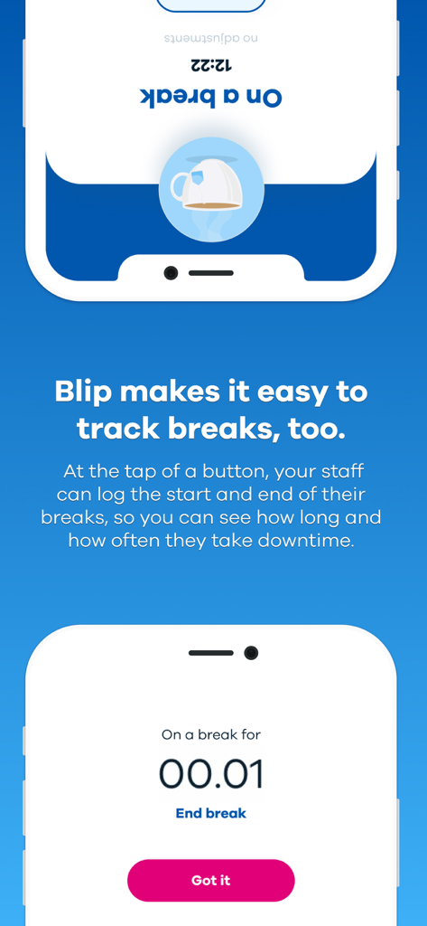 Blip app interface showing an active work break timer and end break button