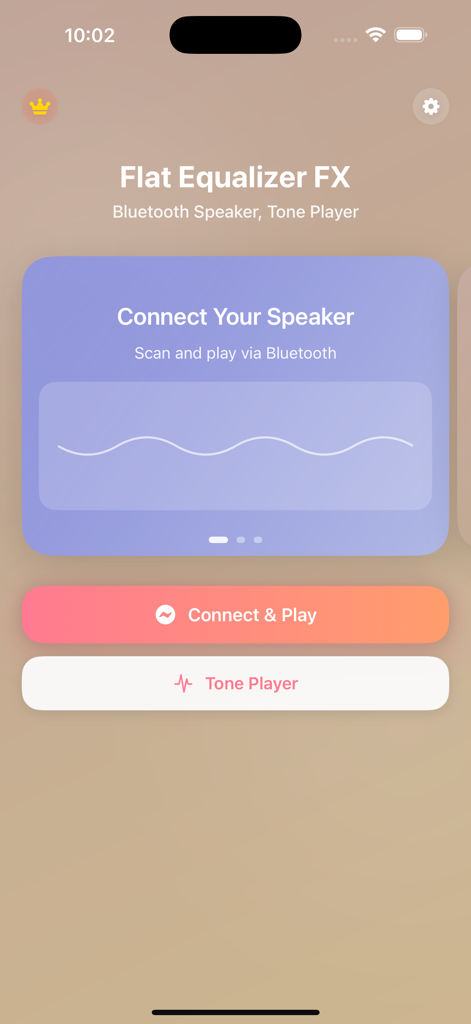 Flat Equalizer FX-Bass Booster - Main screen of Flat Equalizer FX app with bluetooth speaker connection and tone player buttons