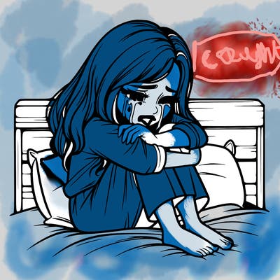 realistic girl crying on her bed over a break up