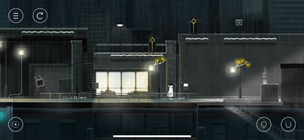 Flood of Light gameplay showing a girl in a white raincoat solving light puzzles in a dark hand drawn rainy city environment
