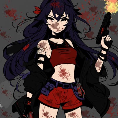 bad girl wearing crop top holding a gun long hair anime