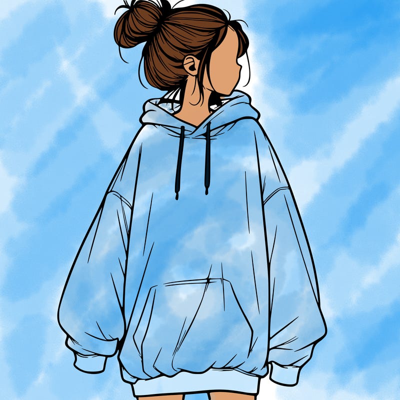 realistic girl with a oversized sweatshirt on and a bun