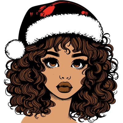 realistic girl with a santa hat curly hair and lips