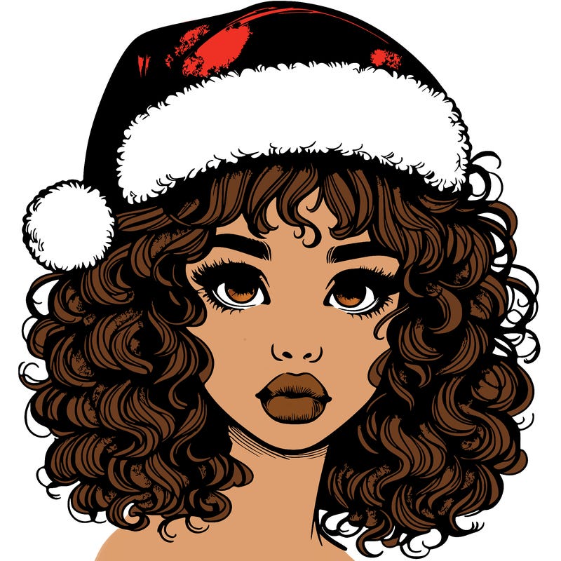 realistic girl with a santa hat curly hair and lips