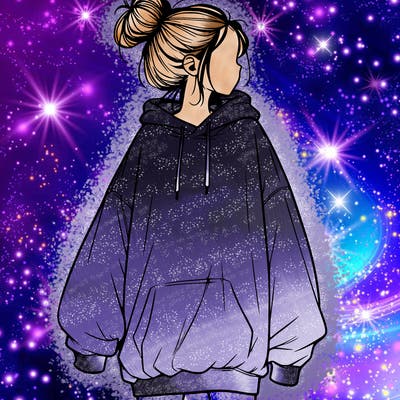 realistic girl with a oversized sweatshirt on and a bun