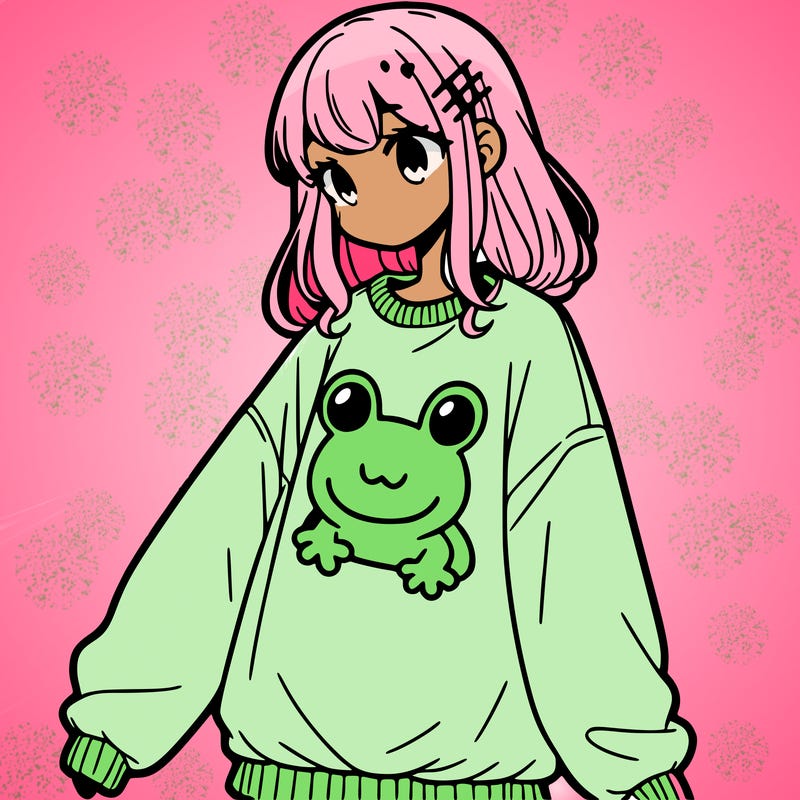 girl wearing frogging sweatshirt