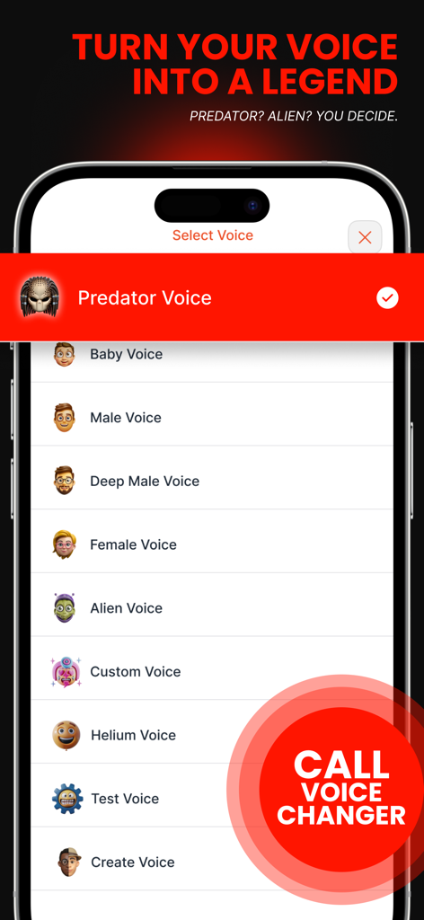 A smartphone display showing a list of voice effects including Predator Alien and Helium within the Magic Voice Changer app