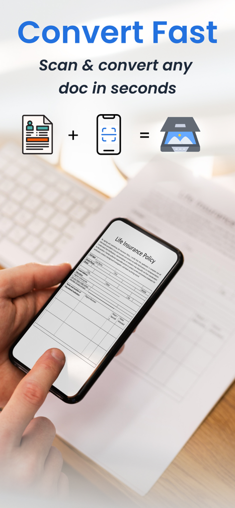 A person using a smartphone to scan a life insurance policy document and convert it into a digital PDF file.