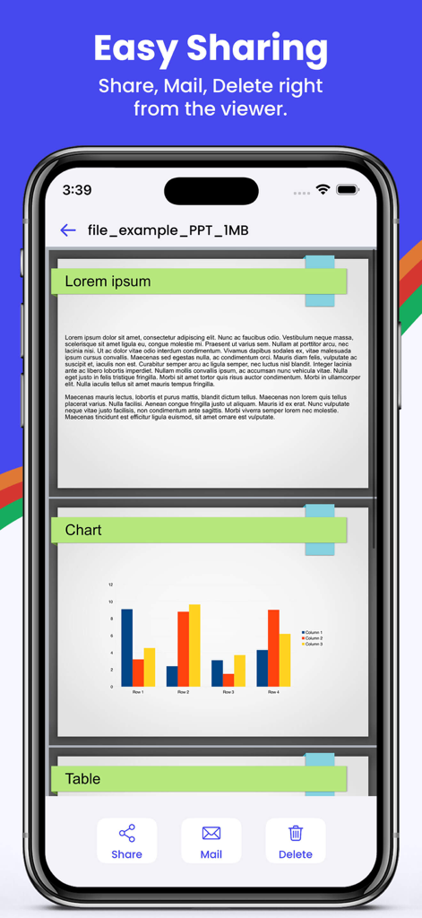 All Docs: PDF & File App - iPhone screenshot showing a document viewer with quick share mail and delete buttons at the bottom
