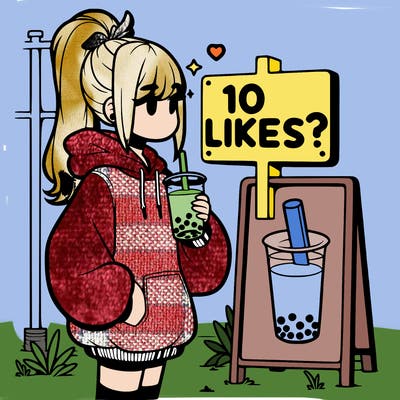 girl with oversized hoodie drinking boba and she has a high ponytail with a sign that says 10likes?
