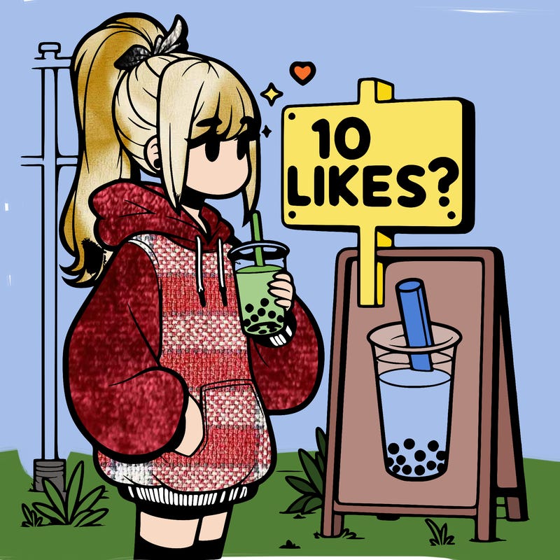 girl with oversized hoodie drinking boba and she has a high ponytail with a sign that says 10likes?