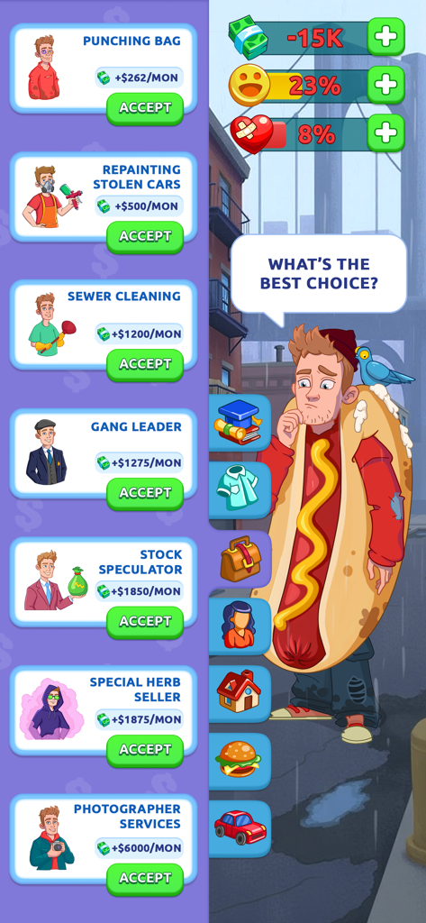 Un personaje con un traje de perrito caliente elige entre varias opciones de trabajo como especulador de bolsa o fotógrafo en el juego de simulación de vida Money Empire.