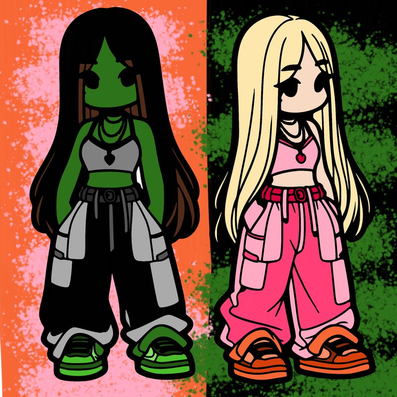 girl in baggy pants crop top and long hair