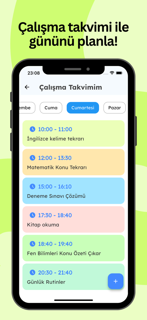 A mobile app interface showing a daily study schedule for the LGS exam with color coded time blocks for different subjects.
