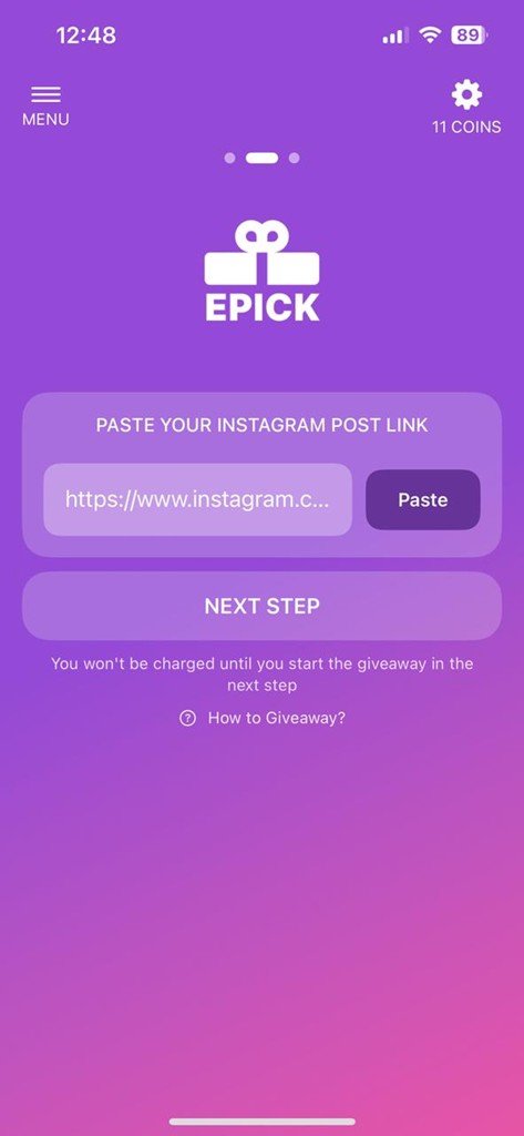 Epick - Comment Picker - Interface de l'application Epick pour coller un lien de publication Instagram afin de sélectionner un gagnant de concours