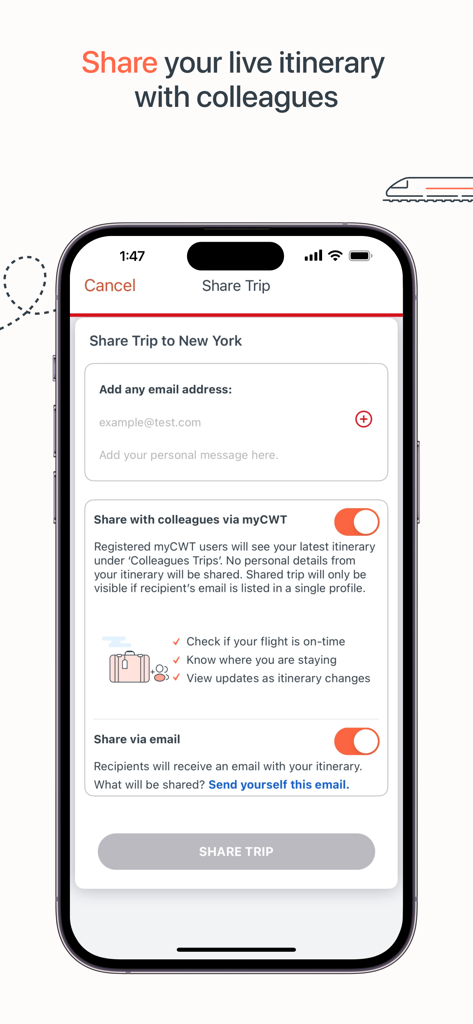 myCWT - Pantalla de la aplicación myCWT que muestra opciones para compartir un itinerario de viaje en vivo con colegas por correo electrónico o la aplicación