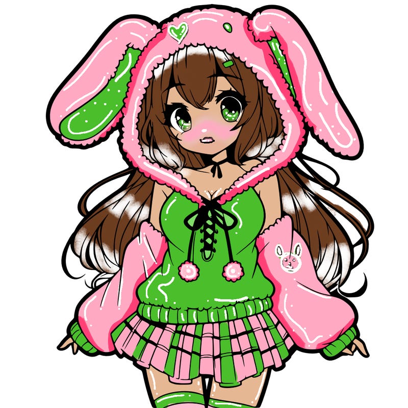 pretty anime girl wearing a fluffy hoodie with bunny ears on the hood and a skirt