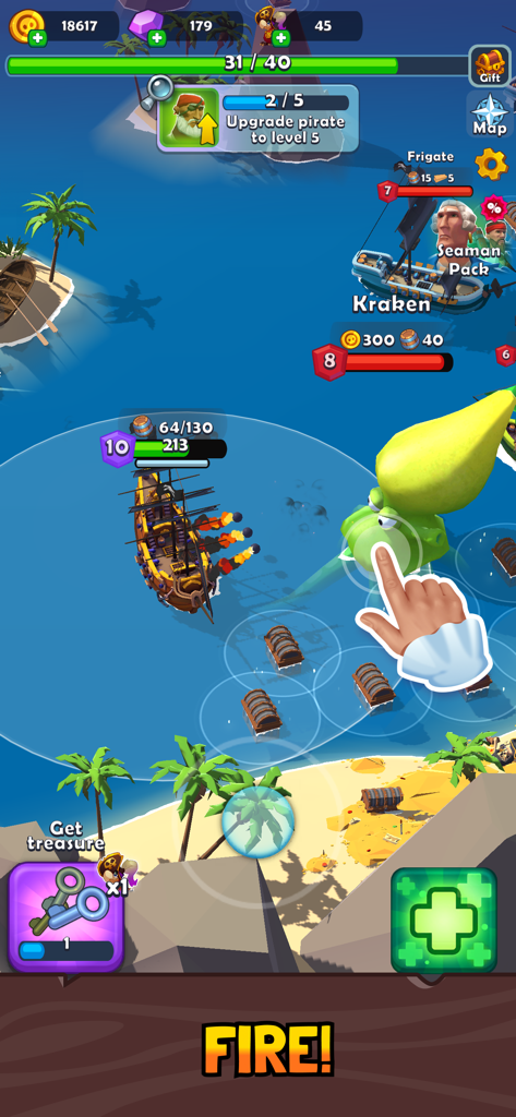 Pirate Raid: Caribbean Battle - Un navire pirate tirant des canons sur un monstre marin vert géant dans Pirate Raid Bataille dans les Caraïbes