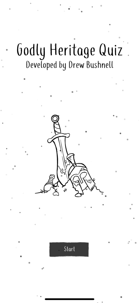 Pantalla de inicio de la aplicación Psyche Godly Origins con una ilustración de una espada y un casco griegos