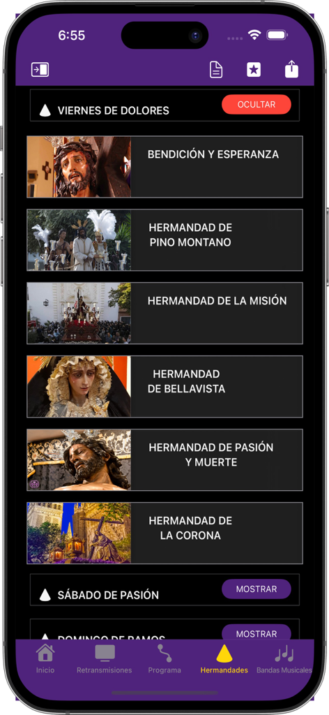 Liste des confréries de la Semaine Sainte de Séville pour le vendredi des Douleurs dans l'application Semana Santa Sevilla 2025.