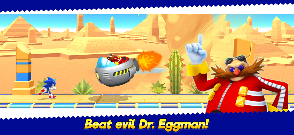 Sonic Runners Adventure - Sonic the Hedgehog sprints across a desert landscape to defeat the evil Dr. Eggman.