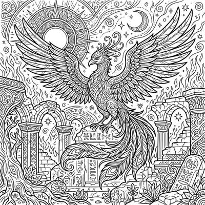 Unleash your artistic spirit with this stunning Ancient Phoenix coloring page, set in a captivating full scene. Every intricate detail invites you to bring this mythical bird and its ancient world to life with color.