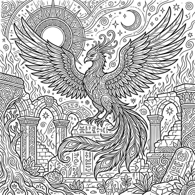 Unleash your artistic spirit with this stunning Ancient Phoenix coloring page, set in a captivating full scene. Every intricate detail invites you to bring this mythical bird and its ancient world to life with color.